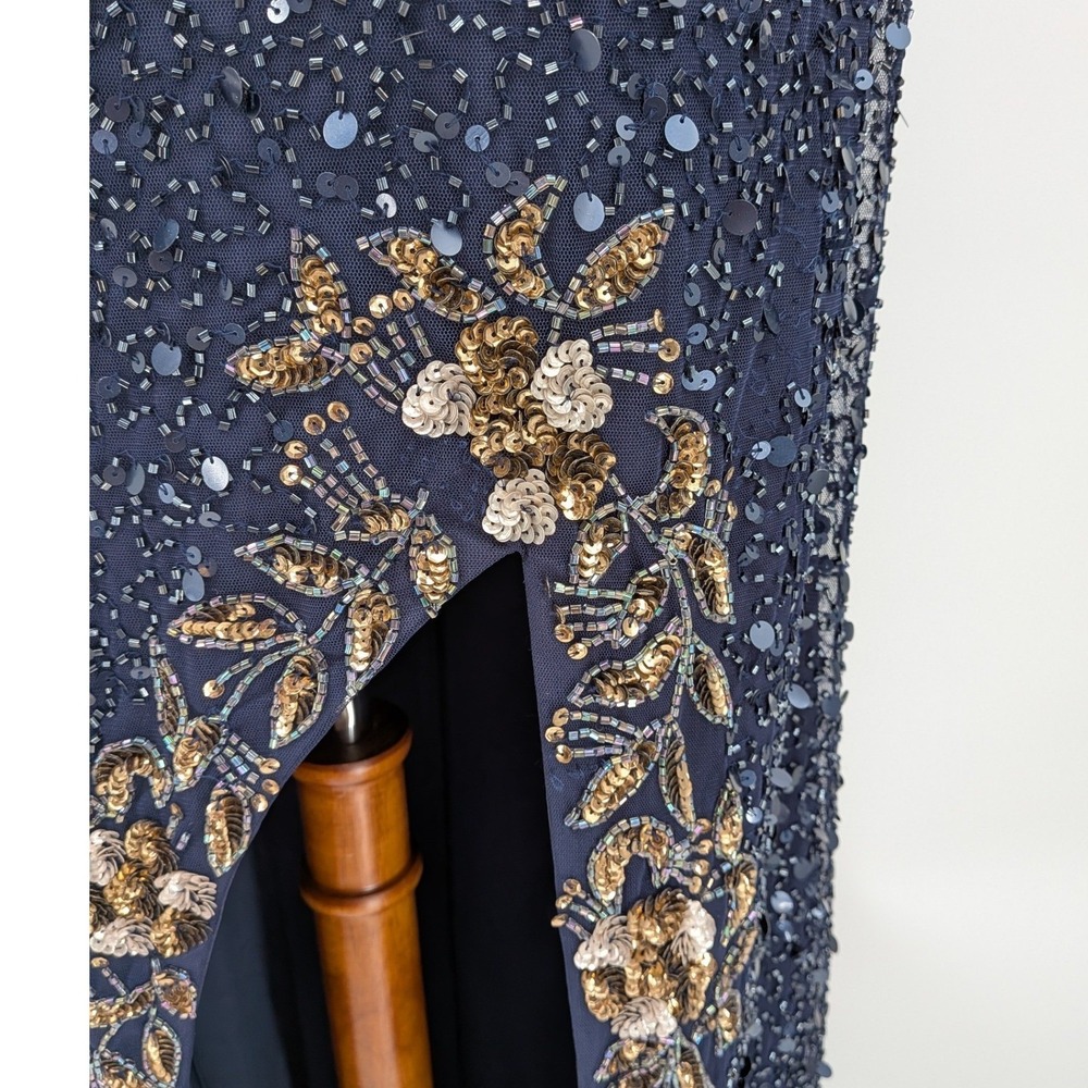 Prom Wedding Blue Gold All Over Sequins Beads Lace Up Back Floral Slit 12 Dress - Picture 5 of 14